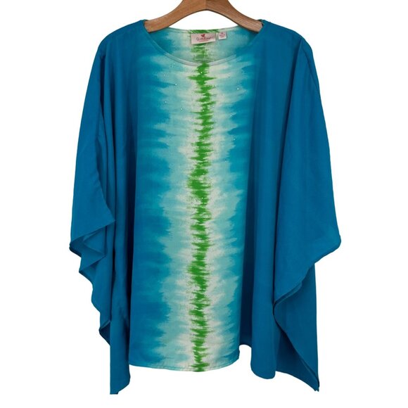 Quacker Factory By Jeanne Bice blue Tie-Dye Poncho Top size  XL embellished new - Picture 2 of 12
